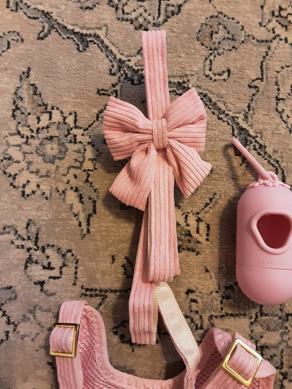 Pink Dog Harness & Leash Set with Bow and Waste Bag Holder